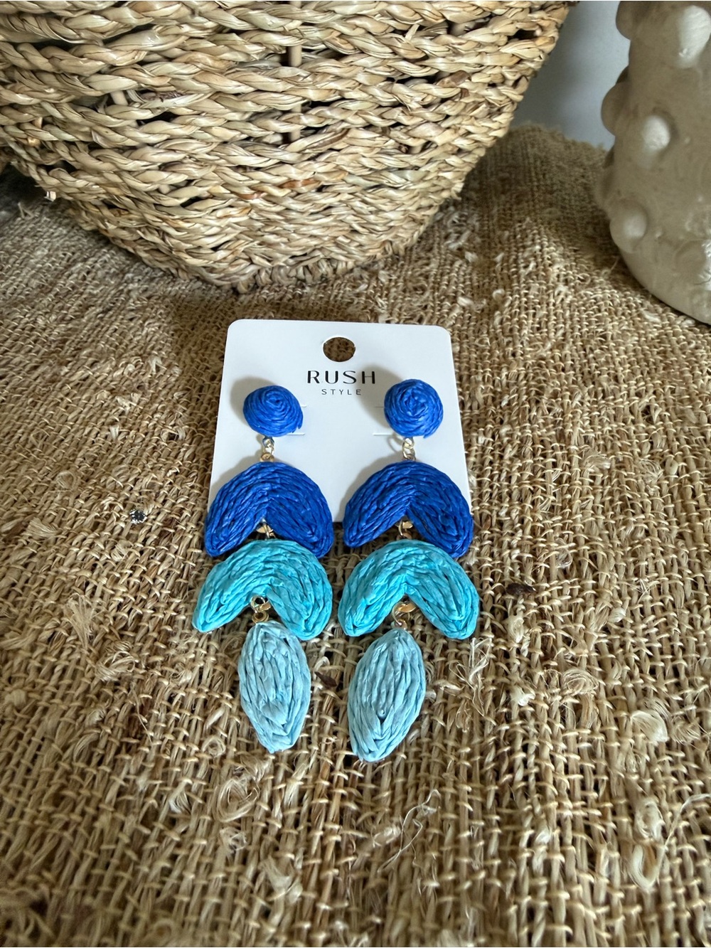 Rush Style Ombre Blue Raffia Drop Earrings